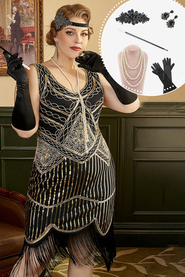 Preto Dourado 1920s Vestido com Conjunto de Acessórios
